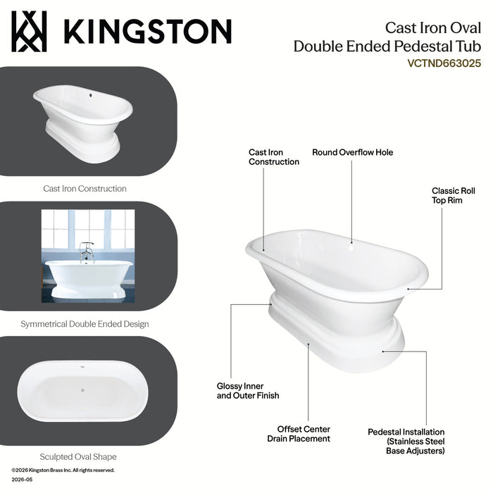 Kingston Heirloom VCTND663025 - Aqua Eden 66-Inch Cast Iron Oval Double Ended Pedestal Tub (No Faucet Drillings), White