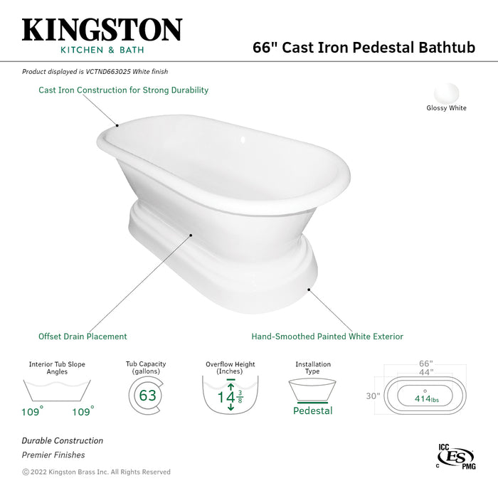 Kingston Heirloom VCTND663025 - Aqua Eden 66-Inch Cast Iron Oval Double Ended Pedestal Tub (No Faucet Drillings), White