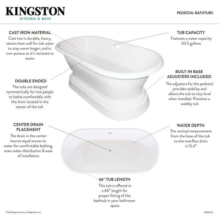 Kingston Heirloom VCTND663025 - Aqua Eden 66-Inch Cast Iron Oval Double Ended Pedestal Tub (No Faucet Drillings), White