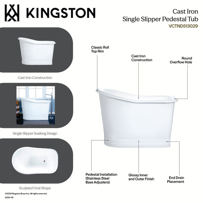 Kingston Heirloom VCTND663028 - Aqua Eden 66-Inch Cast Iron D-Shaped Single Slipper Pedestal Tub (No Faucet Drillings), White