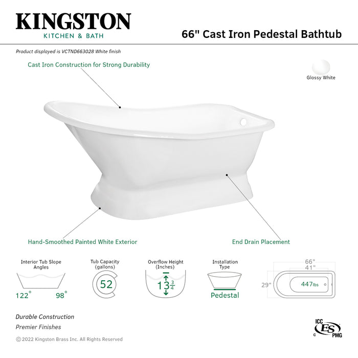 Kingston Heirloom VCTND663028 - Aqua Eden 66-Inch Cast Iron D-Shaped Single Slipper Pedestal Tub (No Faucet Drillings), White