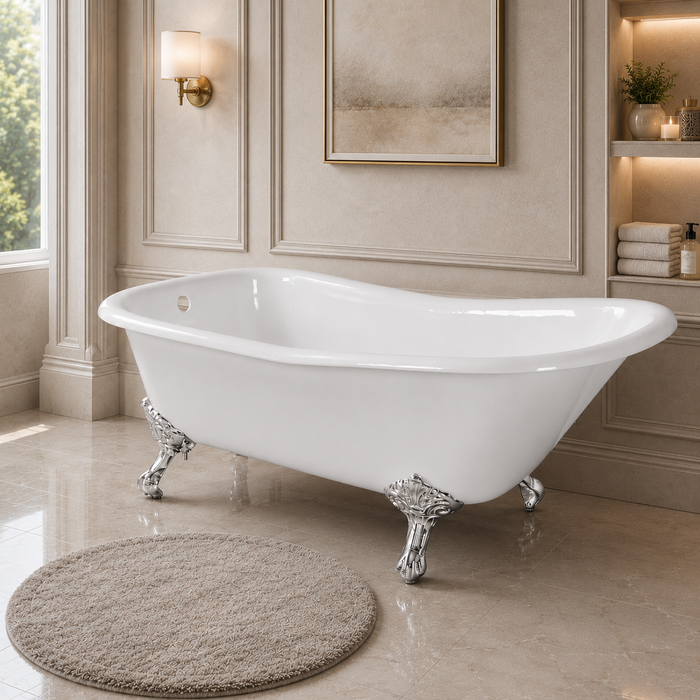 Kingston Heirloom VCTND6630NF1 - Aqua Eden 67-Inch Cast Iron Classic Flat-Rim Single Slipper Clawfoot Tub (No Faucet Drillings), White/Polished Chrome