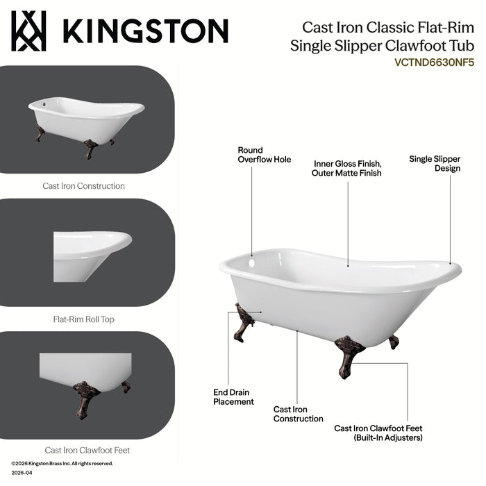 Kingston Heirloom VCTND6630NF5 - Aqua Eden 67-Inch Cast Iron Classic Flat-Rim Single Slipper Clawfoot Tub (No Faucet Drillings), White/Oil Rubbed Bronze