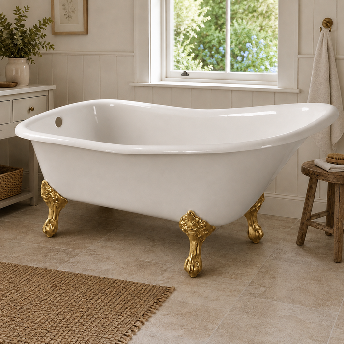 Kingston Heirloom VCTND6630NF7 - Aqua Eden 67-Inch Cast Iron Classic Flat-Rim Single Slipper Clawfoot Tub (No Faucet Drillings), White/Brushed Brass