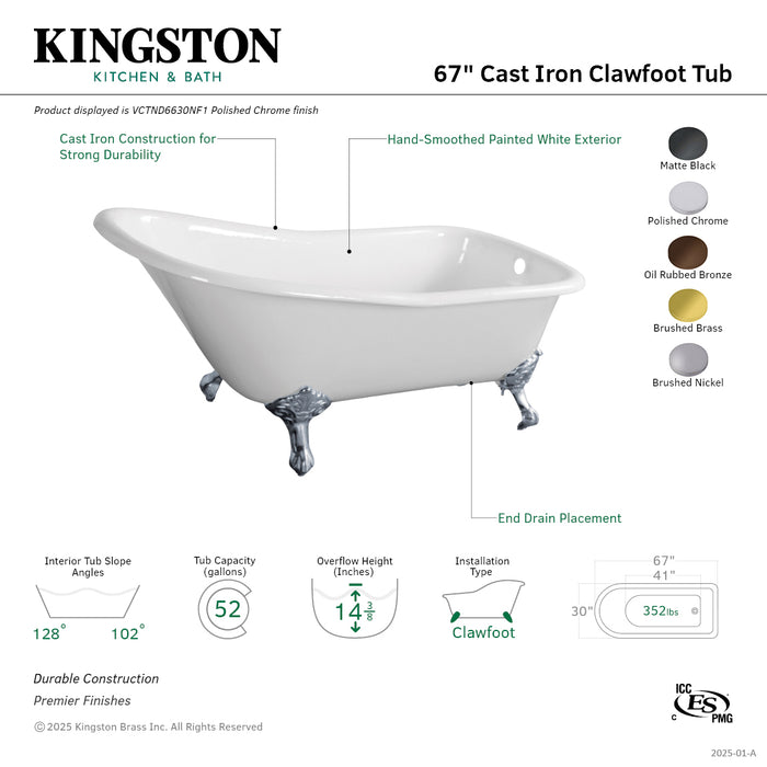 Kingston Heirloom VCTND6630NF7 - Aqua Eden 67-Inch Cast Iron Classic Flat-Rim Single Slipper Clawfoot Tub (No Faucet Drillings), White/Brushed Brass