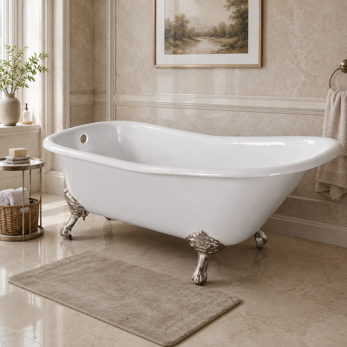 Kingston Heirloom VCTND6630NF8 - Aqua Eden 67-Inch Cast Iron Classic Flat-Rim Single Slipper Clawfoot Tub (No Faucet Drillings), White/Brushed Nickel