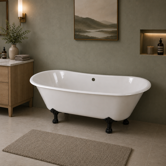 Kingston Heirloom VCTND6728NH0 - Aqua Eden 67-Inch Cast Iron Oval Double Slipper Clawfoot Tub (No Faucet Drillings), White/Matte Black