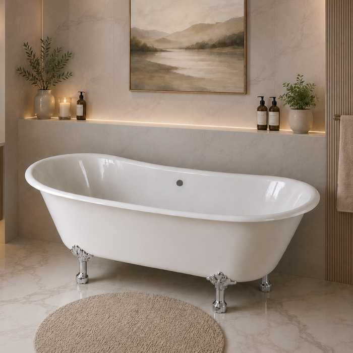 Kingston Heirloom VCTND6728NH1 - Aqua Eden 67-Inch Cast Iron Oval Double Slipper Clawfoot Tub (No Faucet Drillings), White/Polished Chrome