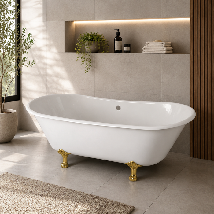 Kingston Heirloom VCTND6728NH7 - Aqua Eden 67-Inch Cast Iron Oval Double Slipper Clawfoot Tub (No Faucet Drillings), White/Brushed Brass
