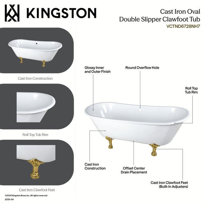 Kingston Heirloom VCTND6728NH7 - Aqua Eden 67-Inch Cast Iron Oval Double Slipper Clawfoot Tub (No Faucet Drillings), White/Brushed Brass