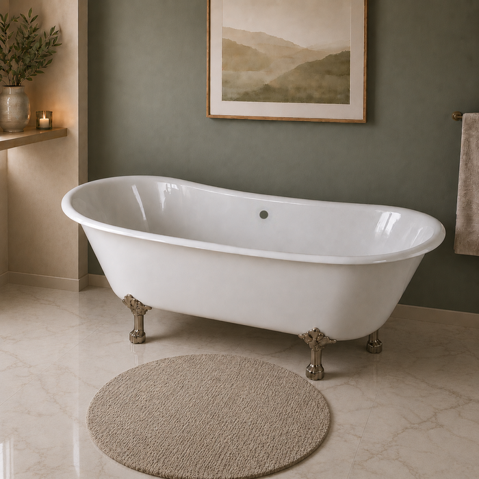 Kingston Heirloom VCTND6728NH8 - Aqua Eden 67-Inch Cast Iron Oval Double Slipper Clawfoot Tub (No Faucet Drillings), White/Brushed Nickel