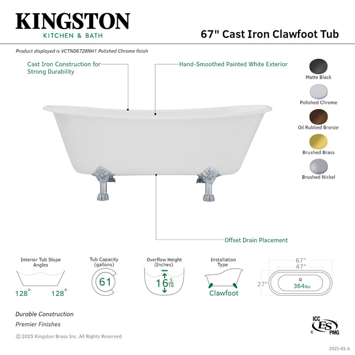 Kingston Heirloom VCTND6728NH8 - Aqua Eden 67-Inch Cast Iron Oval Double Slipper Clawfoot Tub (No Faucet Drillings), White/Brushed Nickel