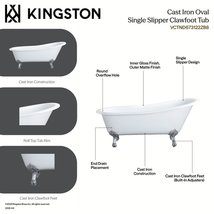 Kingston Heirloom VCTND673122ZB5 - Aqua Eden 67-Inch Cast Iron Oval Single Slipper Clawfoot Tub (No Faucet Drillings), White/Oil Rubbed Bronze