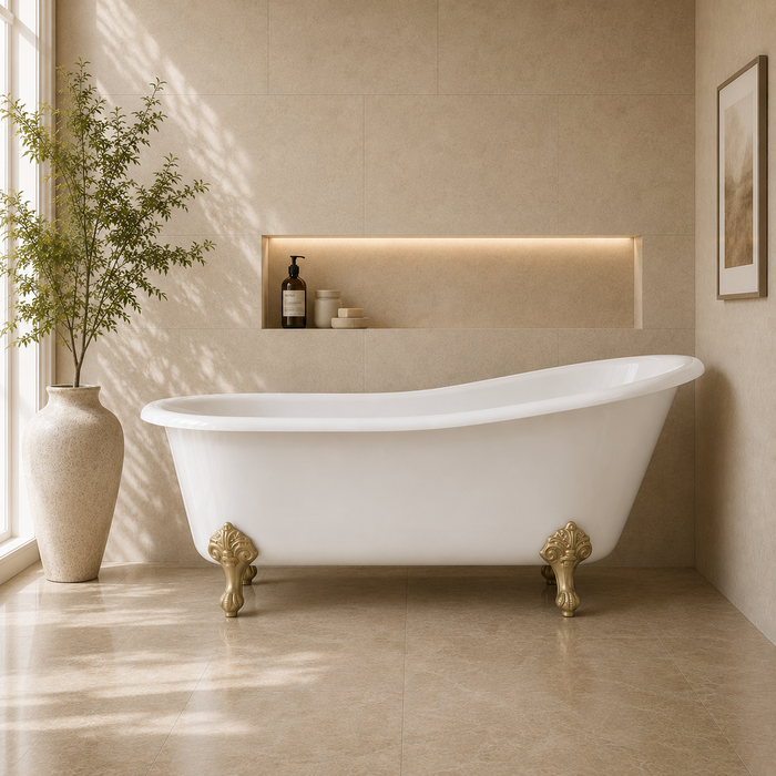 Kingston Heirloom VCTND673122ZB7 - Aqua Eden 67-Inch Cast Iron Oval Single Slipper Clawfoot Tub (No Faucet Drillings), White/Brushed Brass