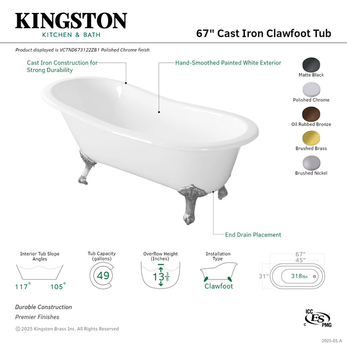 Kingston Heirloom VCTND673122ZB7 - Aqua Eden 67-Inch Cast Iron Oval Single Slipper Clawfoot Tub (No Faucet Drillings), White/Brushed Brass