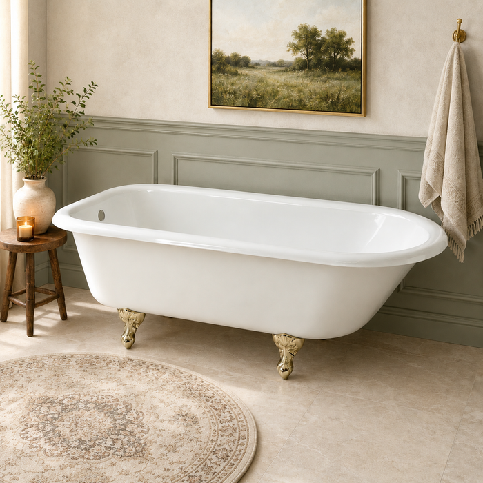 Kingston Heirloom VCTND673123T2 - Aqua Eden 66-Inch Cast Iron Oval Rectangular Roll Top Clawfoot Tub (No Faucet Drillings), White/Polished Brass
