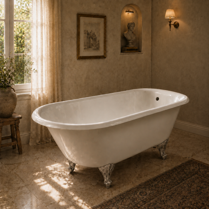 Kingston Heirloom VCTND673123T8 - Aqua Eden 66-Inch Cast Iron Oval Rectangular Roll Top Clawfoot Tub (No Faucet Drillings), White/Brushed Nickel