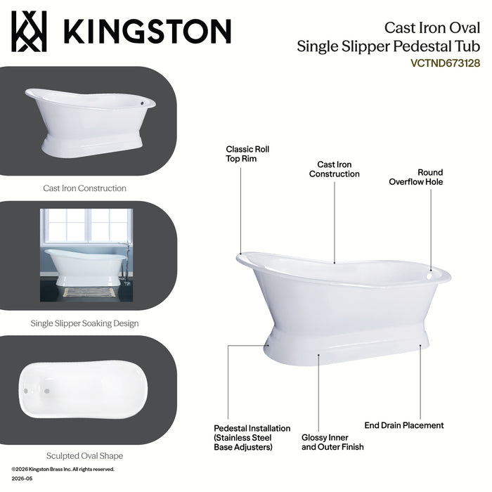 Kingston Heirloom VCTND673128 - Aqua Eden 67-Inch Cast Iron Oval Single Slipper Pedestal Tub (No Faucet Drillings), White