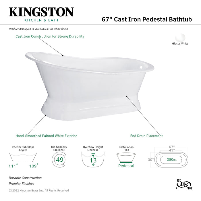 Aqua Eden VCTND673128 67-Inch Cast Iron Oval Single Slipper Pedestal Tub (No Faucet Drillings), White