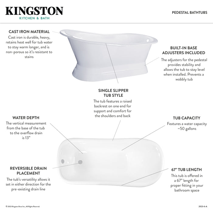 Kingston Heirloom VCTND673128 - Aqua Eden 67-Inch Cast Iron Oval Single Slipper Pedestal Tub (No Faucet Drillings), White