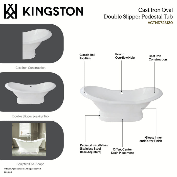 Kingston Heirloom VCTND723130 - Aqua Eden 72-Inch Cast Iron Oval Double Slipper Pedestal Tub (No Faucet Drillings), White