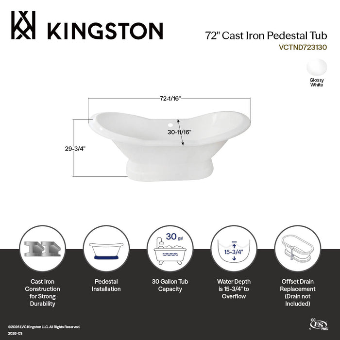 Kingston Heirloom VCTND723130 - Aqua Eden 72-Inch Cast Iron Oval Double Slipper Pedestal Tub (No Faucet Drillings), White