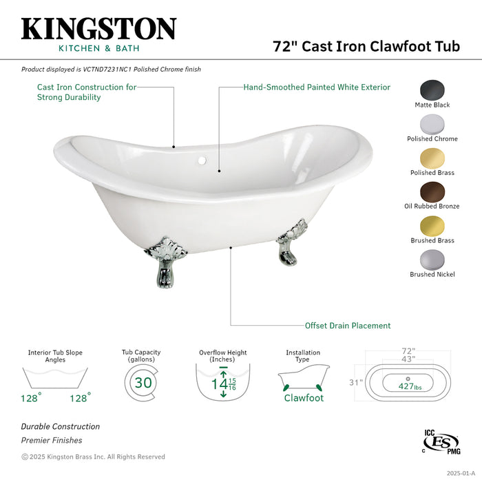 Kingston Heirloom VCTND7231NC0 - Aqua Eden 72-Inch Cast Iron Oval Double Slipper Clawfoot Tub (No Faucet Drillings), White/Matte Black