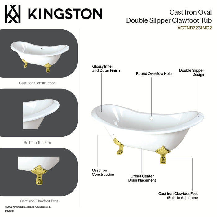 Kingston Heirloom VCTND7231NC7 - Aqua Eden 72-Inch Cast Iron Oval Double Slipper Clawfoot Tub (No Faucet Drillings), White/Brushed Brass