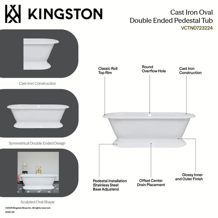 Kingston Heirloom VCTND723224 - Aqua Eden 72-Inch Cast Iron Oval Double Ended Pedestal Tub (No Faucet Drillings), White