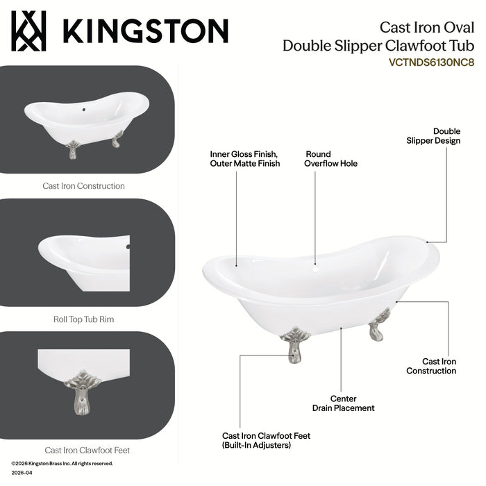 Kingston Heirloom VCTNDS6130NC1 - Aqua Eden 61-Inch Cast Iron Oval Double Slipper Clawfoot Tub (No Faucet Drillings), White/Polished Chrome