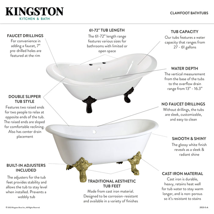 Kingston Heirloom VCTNDS6130NC1 - Aqua Eden 61-Inch Cast Iron Oval Double Slipper Clawfoot Tub (No Faucet Drillings), White/Polished Chrome