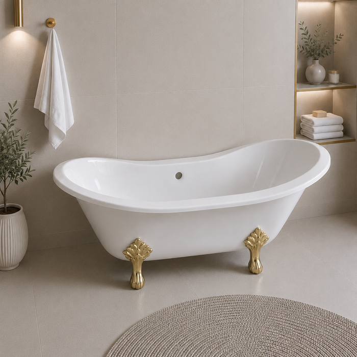 Kingston Heirloom VCTNDS6130NC2 - Aqua Eden 61-Inch Cast Iron Oval Double Slipper Clawfoot Tub (No Faucet Drillings), White/Polished Brass