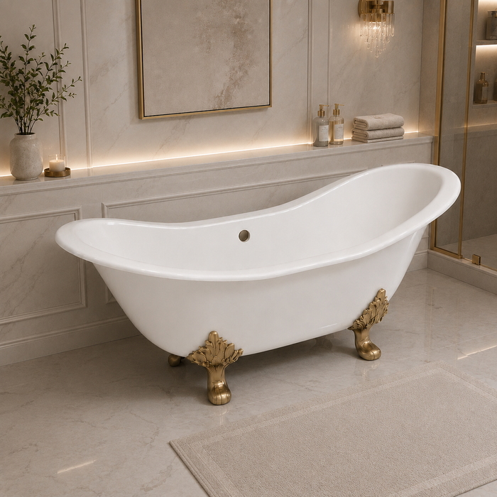 Kingston Heirloom VCTNDS6130NC7 - Aqua Eden 61-Inch Cast Iron Oval Double Slipper Clawfoot Tub (No Faucet Drillings), White/Brushed Brass