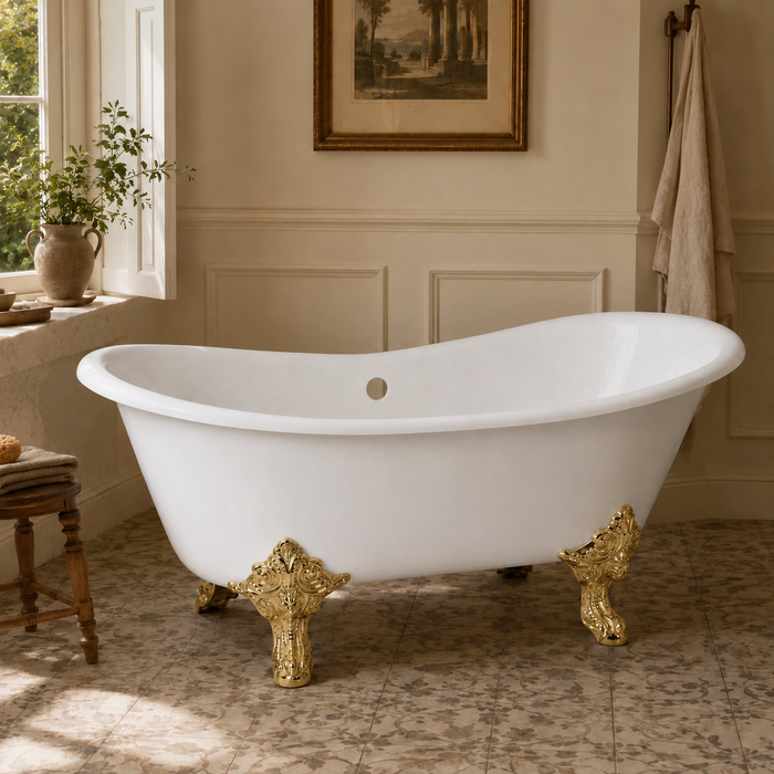 Kingston Heirloom VCTNDS6731NL2 - Aqua Eden 67-Inch Cast Iron Oval Double Slipper Clawfoot Tub (No Faucet Drillings), White/Polished Brass