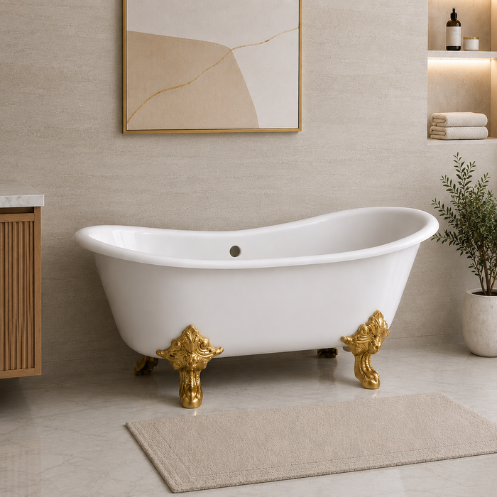 Kingston Heirloom VCTNDS6731NL7 - Aqua Eden 67-Inch Cast Iron Oval Double Slipper Clawfoot Tub (No Faucet Drillings), White/Brushed Brass