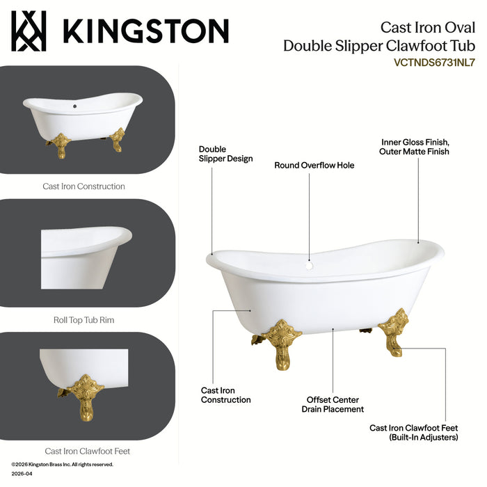 Kingston Heirloom VCTNDS6731NL7 - Aqua Eden 67-Inch Cast Iron Oval Double Slipper Clawfoot Tub (No Faucet Drillings), White/Brushed Brass