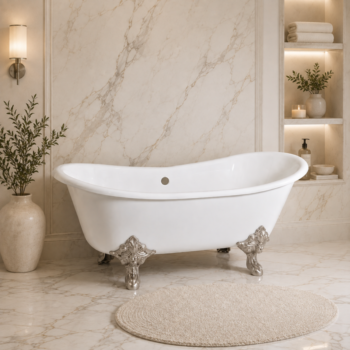 Kingston Heirloom VCTNDS6731NL8 - Aqua Eden 67-Inch Cast Iron Oval Double Slipper Clawfoot Tub (No Faucet Drillings), White/Brushed Nickel