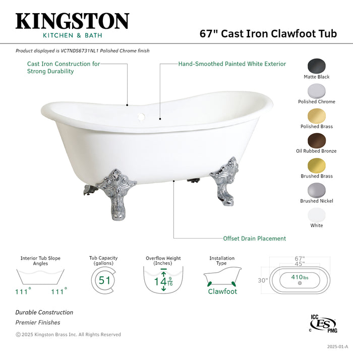 Kingston Heirloom VCTNDS6731NLW - Aqua Eden 67-Inch Cast Iron Oval Double Slipper Clawfoot Tub (No Faucet Drillings), White