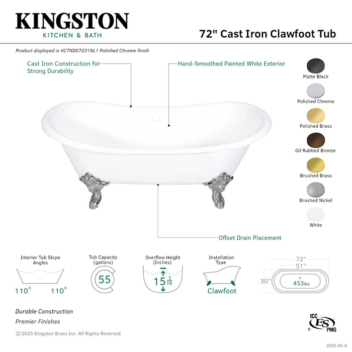Kingston Heirloom VCTNDS7231NL1 - Aqua Eden 72-Inch Cast Iron Oval Double Slipper Clawfoot Tub (No Faucet Drillings), White/Polished Chrome