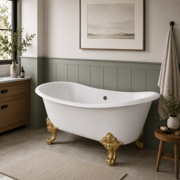 Kingston Heirloom VCTNDS7231NL7 - Aqua Eden 72-Inch Cast Iron Oval Double Slipper Clawfoot Tub (No Faucet Drillings), White/Brushed Brass