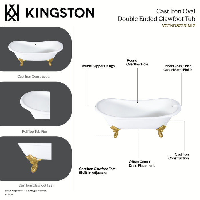 Kingston Heirloom VCTNDS7231NL7 - Aqua Eden 72-Inch Cast Iron Oval Double Slipper Clawfoot Tub (No Faucet Drillings), White/Brushed Brass