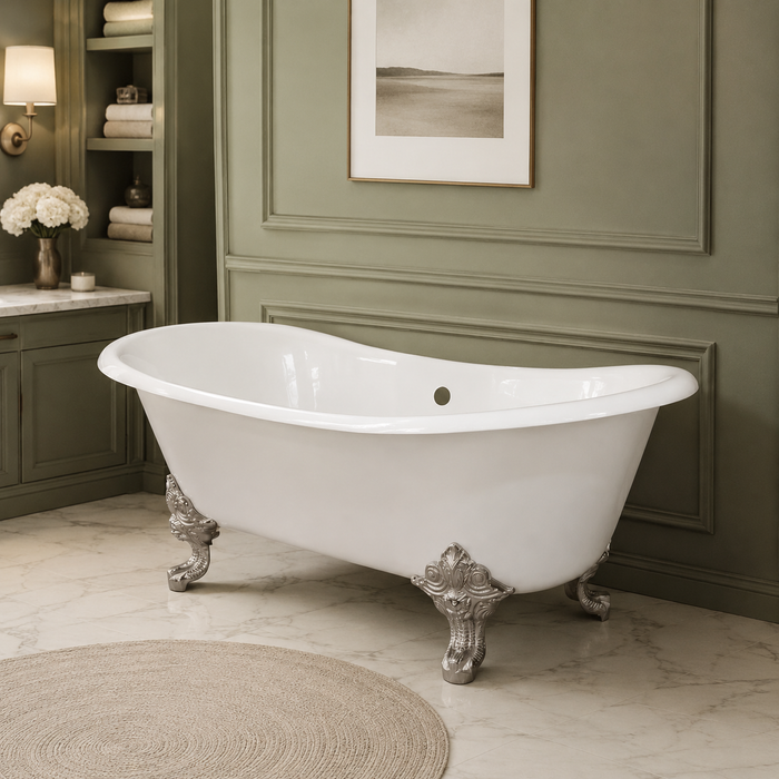Kingston Heirloom VCTNDS7231NL8 - Aqua Eden 72-Inch Cast Iron Oval Double Slipper Clawfoot Tub (No Faucet Drillings), White/Brushed Nickel