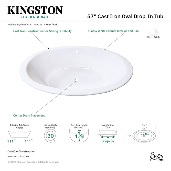 Aqua Eden VCTPN573217 57-Inch Cast Iron Oval Drop-In Tub with Center Drain, White