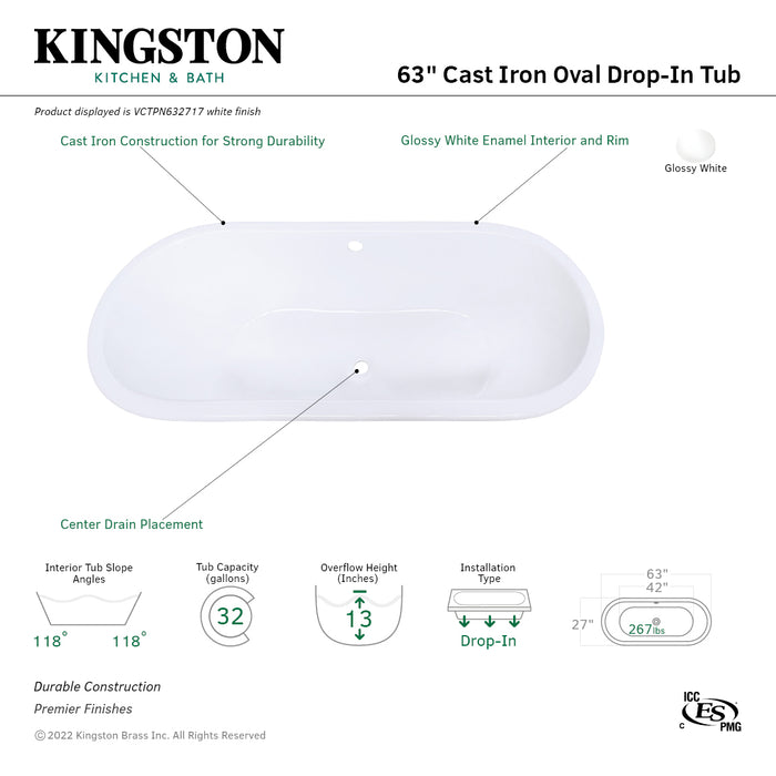 Aqua Eden VCTPN632717 63-Inch Cast Iron Oval Drop-In Tub with Center Drain, White