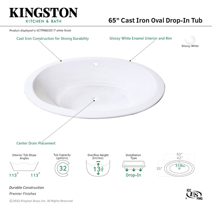 Aqua Eden VCTPN653517 65-Inch Cast Iron Oval Drop-In Tub with Center Drain, White