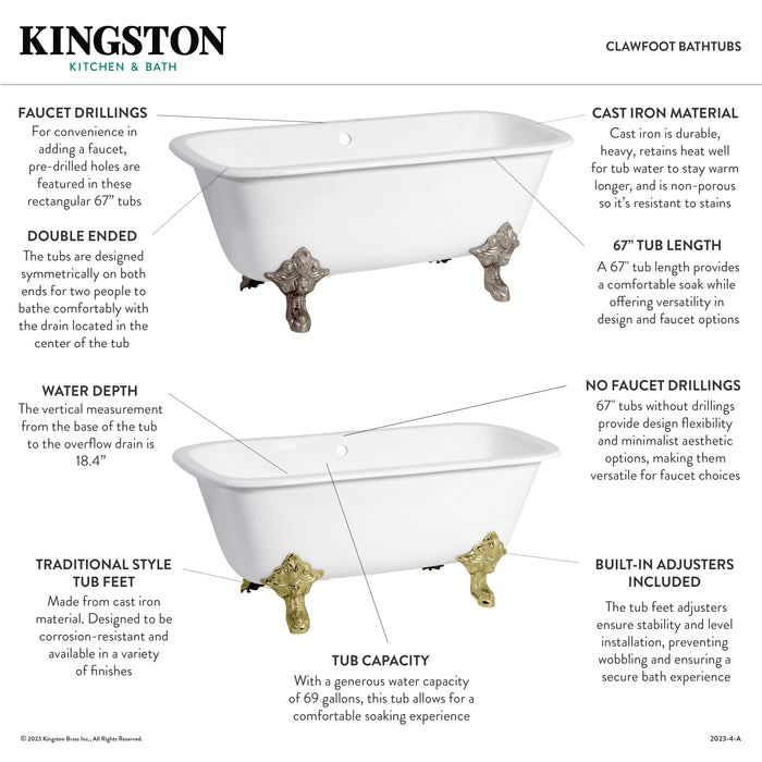 Kingston Heirloom VCTQ7D6732NL0 - Aqua Eden 67-Inch Cast Iron Rectangular Double Ended Clawfoot Tub (7-Inch Faucet Drillings), White/Matte Black