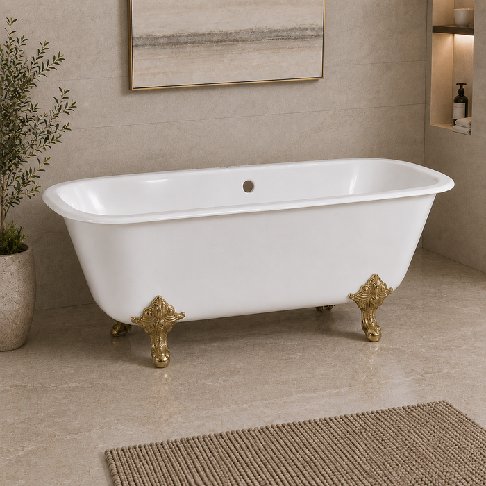 Kingston Heirloom VCTQ7D6732NL2 - Aqua Eden 67-Inch Cast Iron Rectangular Double Ended Clawfoot Tub (7-Inch Faucet Drillings), White/Polished Brass