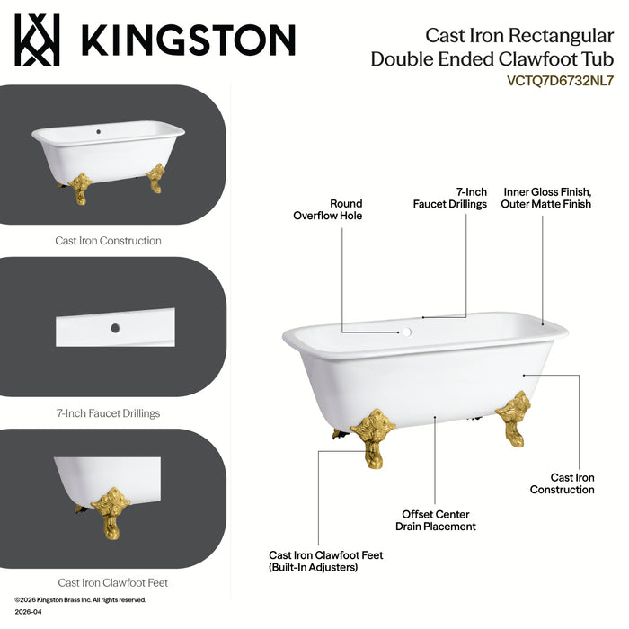 Kingston Heirloom VCTQ7D6732NL7 - Aqua Eden 67-Inch Cast Iron Rectangular Double Ended Clawfoot Tub (7-Inch Faucet Drillings), White/Brushed Brass