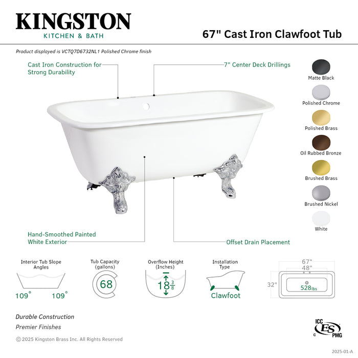 Kingston Heirloom VCTQ7D6732NL7 - Aqua Eden 67-Inch Cast Iron Rectangular Double Ended Clawfoot Tub (7-Inch Faucet Drillings), White/Brushed Brass