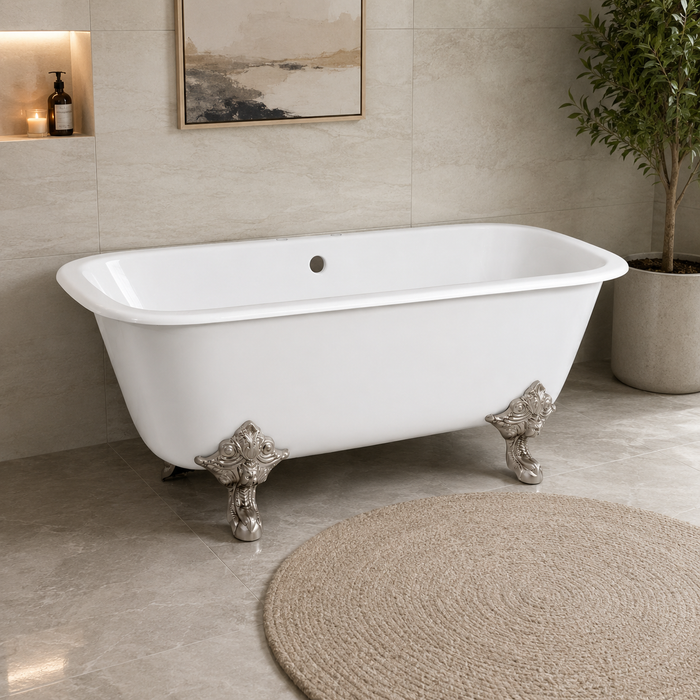 Kingston Heirloom VCTQ7D6732NL8 - Aqua Eden 67-Inch Cast Iron Rectangular Double Ended Clawfoot Tub (7-Inch Faucet Drillings), White/Brushed Nickel
